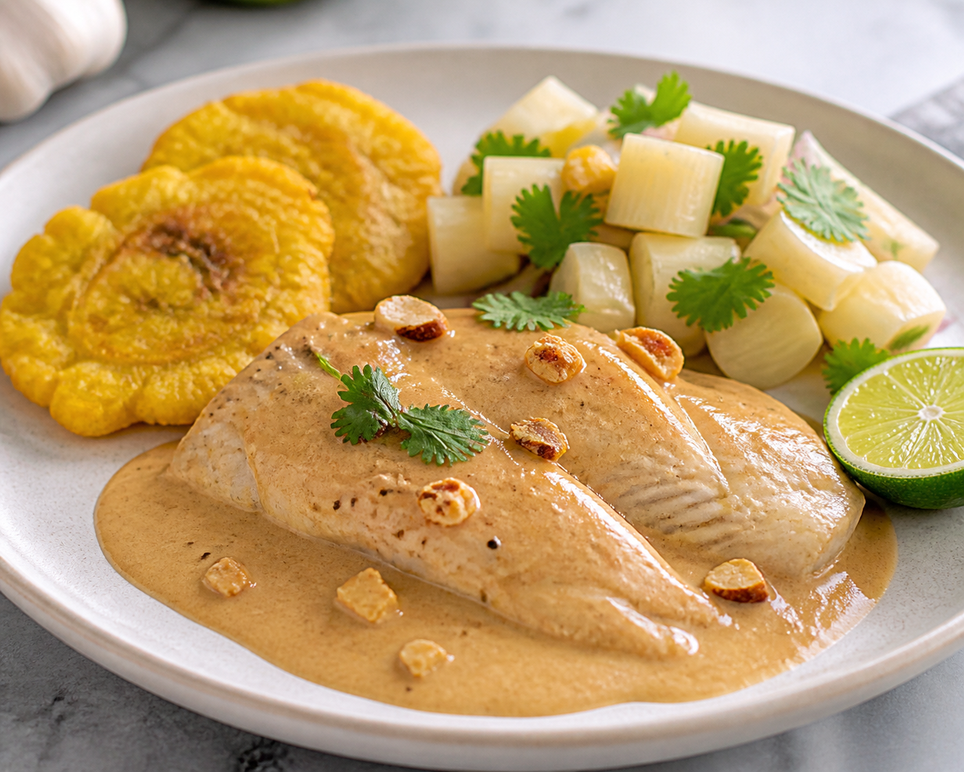 Corvina ecuatoriana en salsa cremosa de maní y limón sutil con tortitas de verde y ensalada fresca de palmito