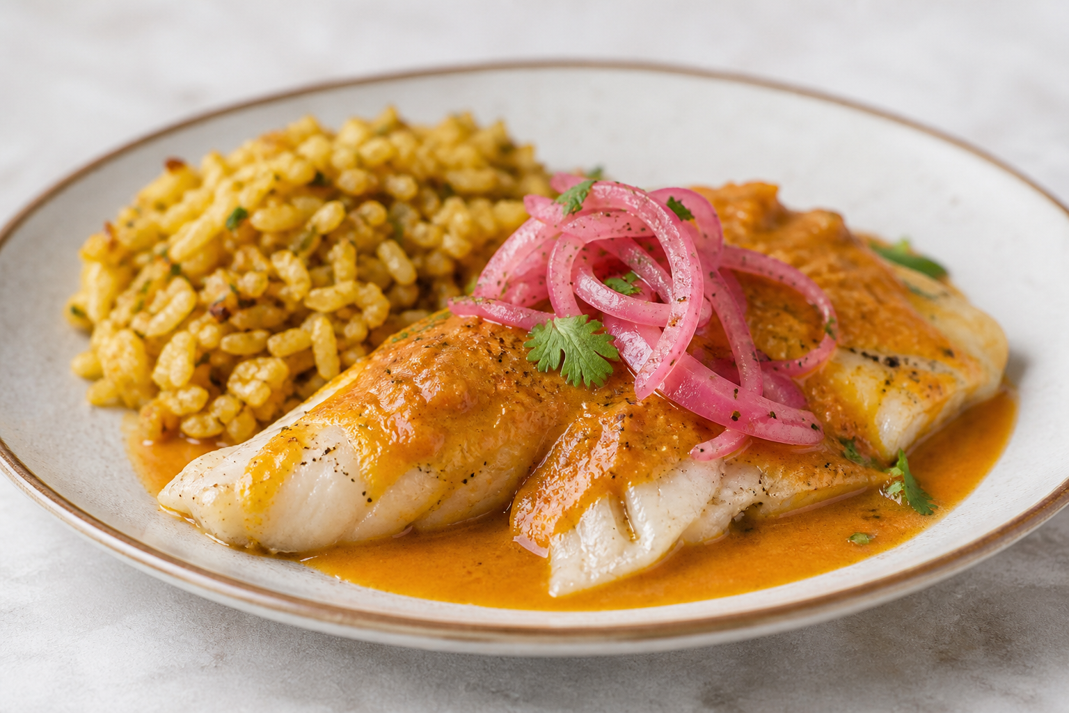 Coastal corvina in peanut-coconut sauce with toasted green plantain rice and pickled red onion