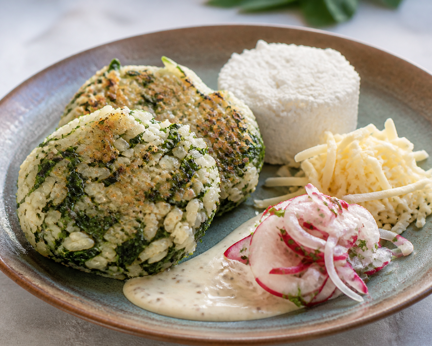 Salvadoran rice and chipilín patties with ricotta-style fresh cheese, light sesame cream, and fresh radish slaw