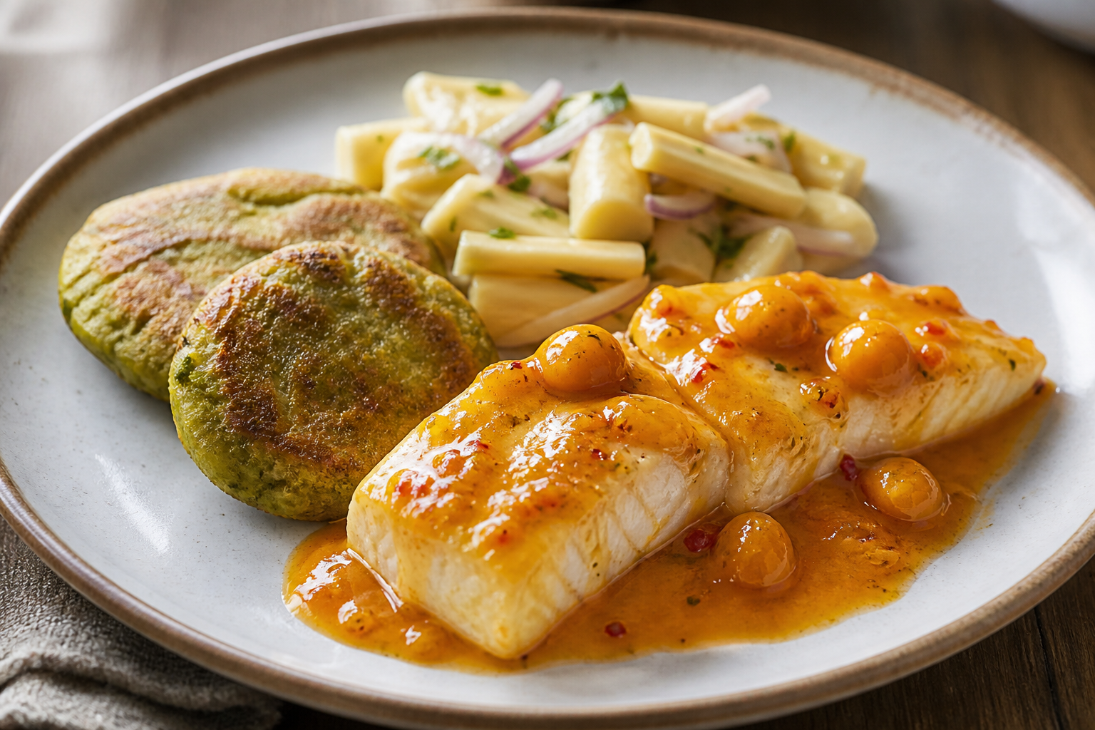 Corvina ecuatoriana en salsa de uvilla y ají suave con pastelitos de verde y ensalada tibia de palmito