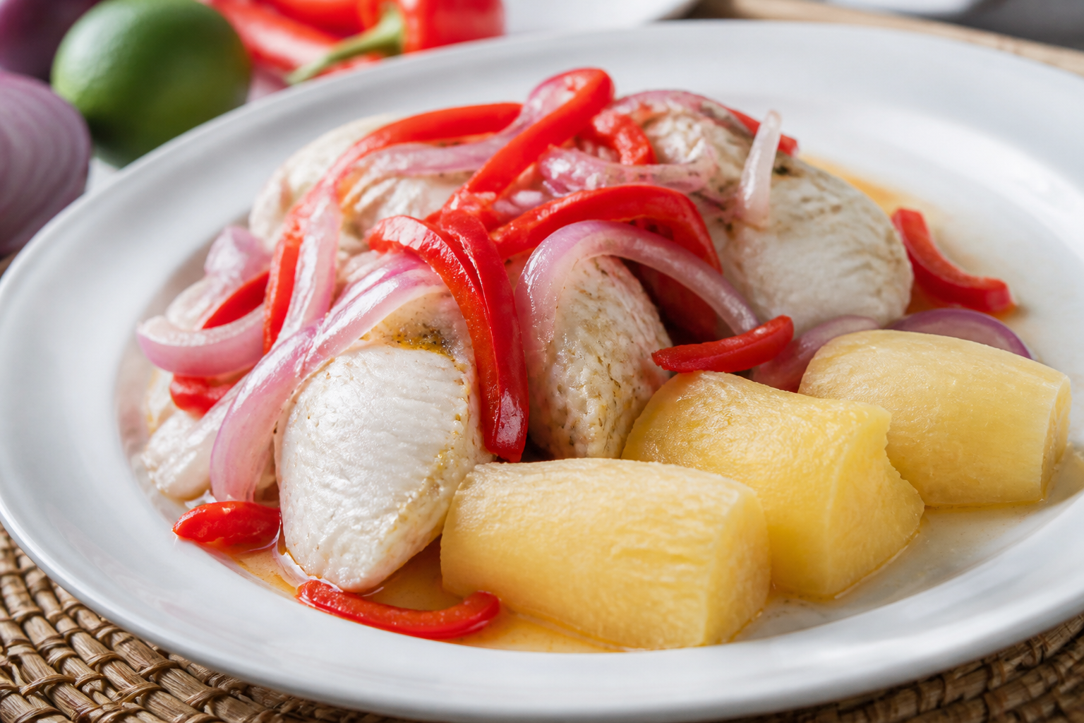 Pescado Catracho en Escabeche Tibio de Cebolla Morada y Naranja Agria con Yuca al Comino