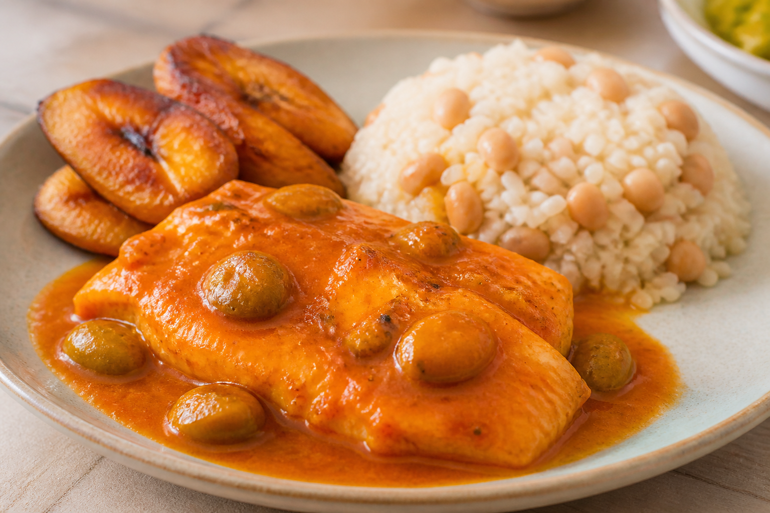Pescado Catracho en Salsa de Jocote y Achiote con Arroz de Frijol Blanco y Plátano Maduro a la Plancha