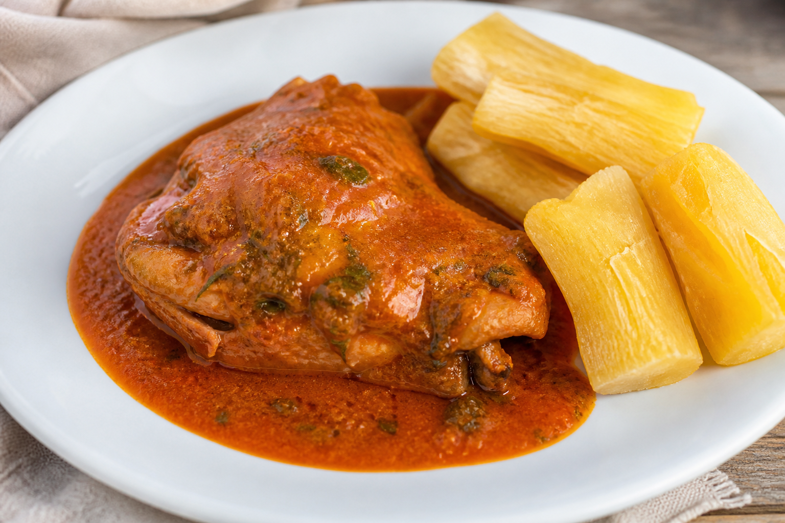 Pollo Hondureño en Salsa de Jocote, Achiote y Culantro con Yuca Dorada