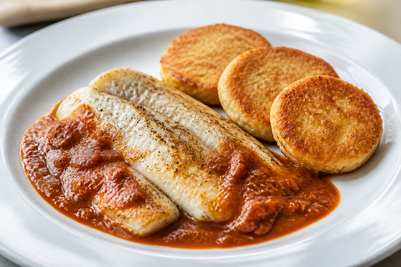 Honduran Tilapia in Jocote-Achiote Sauce with Golden Malanga Cakes
