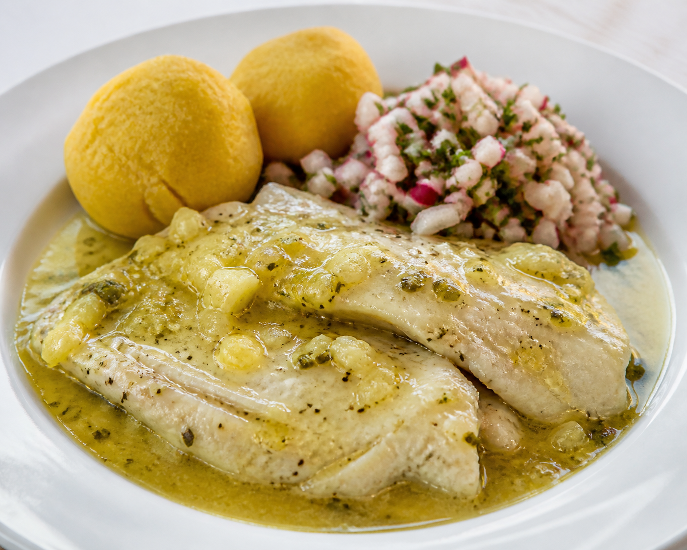 Honduran Fish in Green Pineapple and Garlic Sauce with Corn Dumplings and Radish Chimol