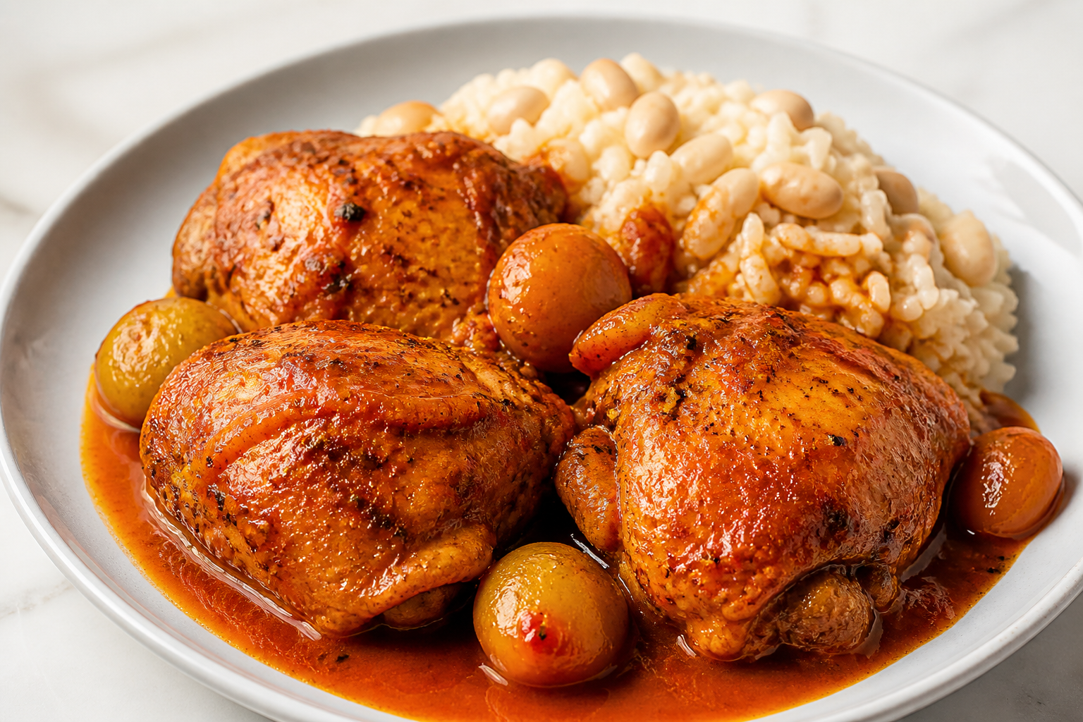 Honduran Chicken in Jocote and Annatto Sauce with White Bean Rice