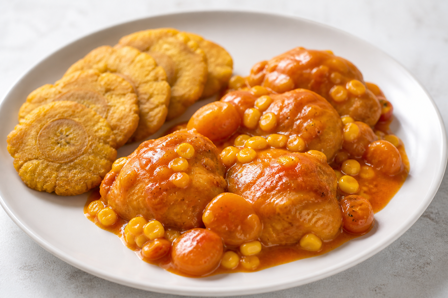 Honduran Chicken in Jocote, Annatto and Sweet Corn Sauce with Green Banana Tostones