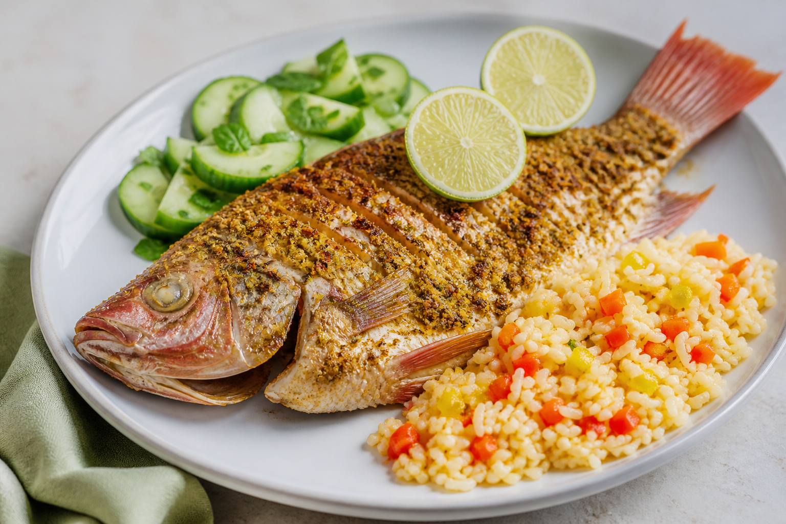 Baked Colombian Mojarra with Coconut-Lime Crust, Creamy Bell Pepper Rice and Cucumber Mint Salad