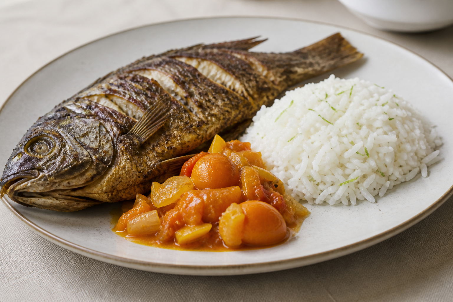 Baked Mojarra with Chontaduro Hogao and Creamy Coconut Lime Rice