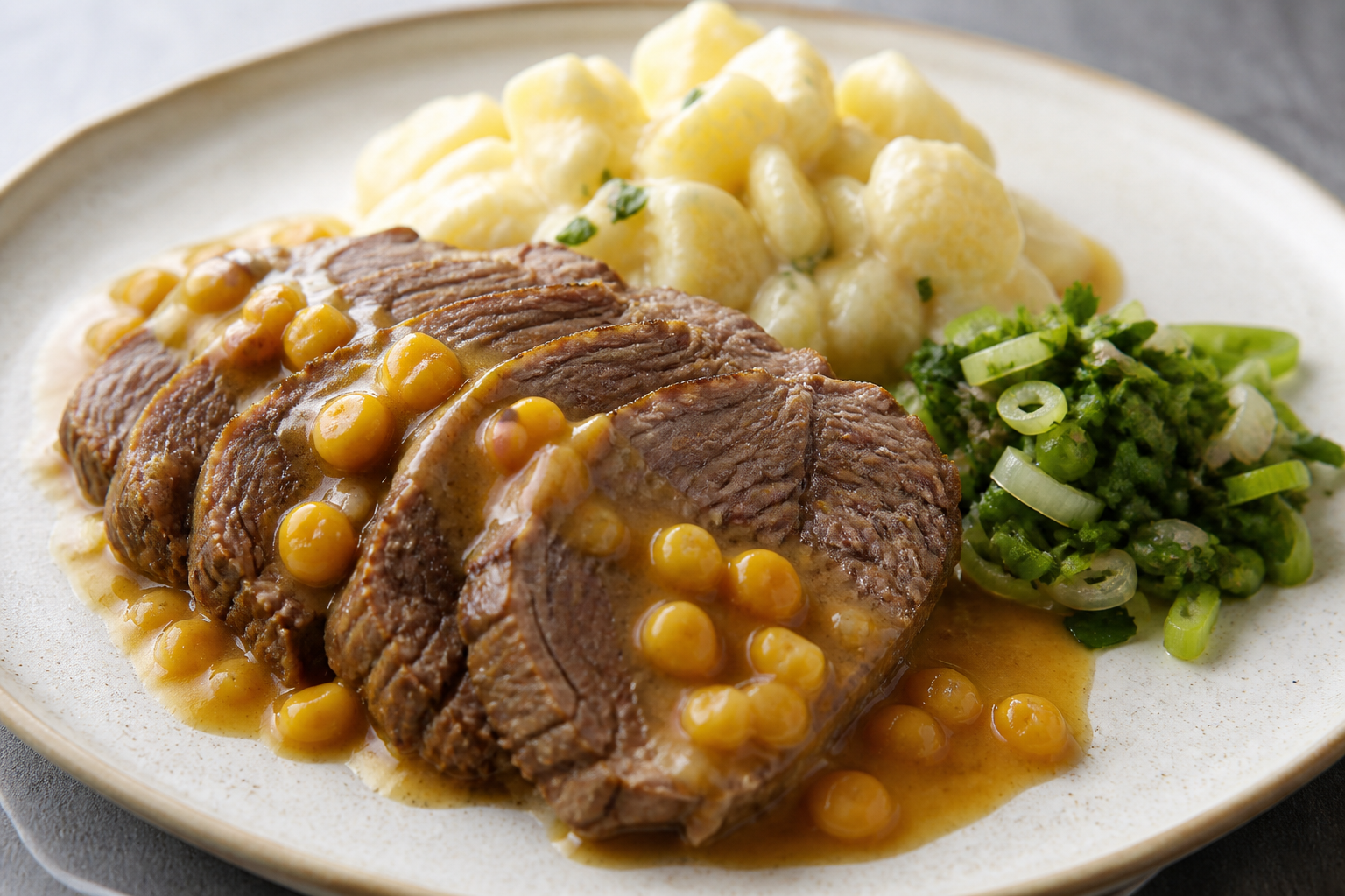 Beef Round Roast in Goldenberry Sauce with Scallion Hogao and Creamy Creole Potato Mote