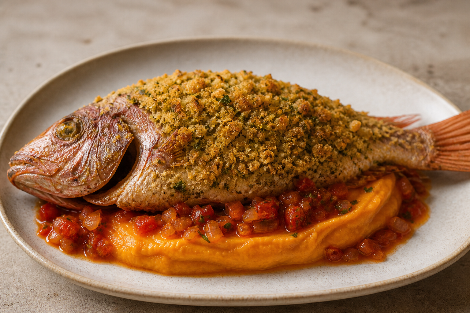 Baked Colombian Mojarra with Corn-Herb Crust, over Sweet Potato Mash with Smoked Pepper Hogao