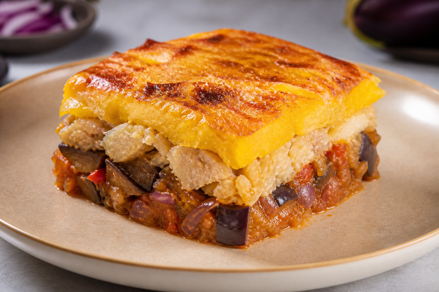 Pastelón Dominicano de Plátano Maduro con Bacalao Guisado y Berenjena al Sofrito