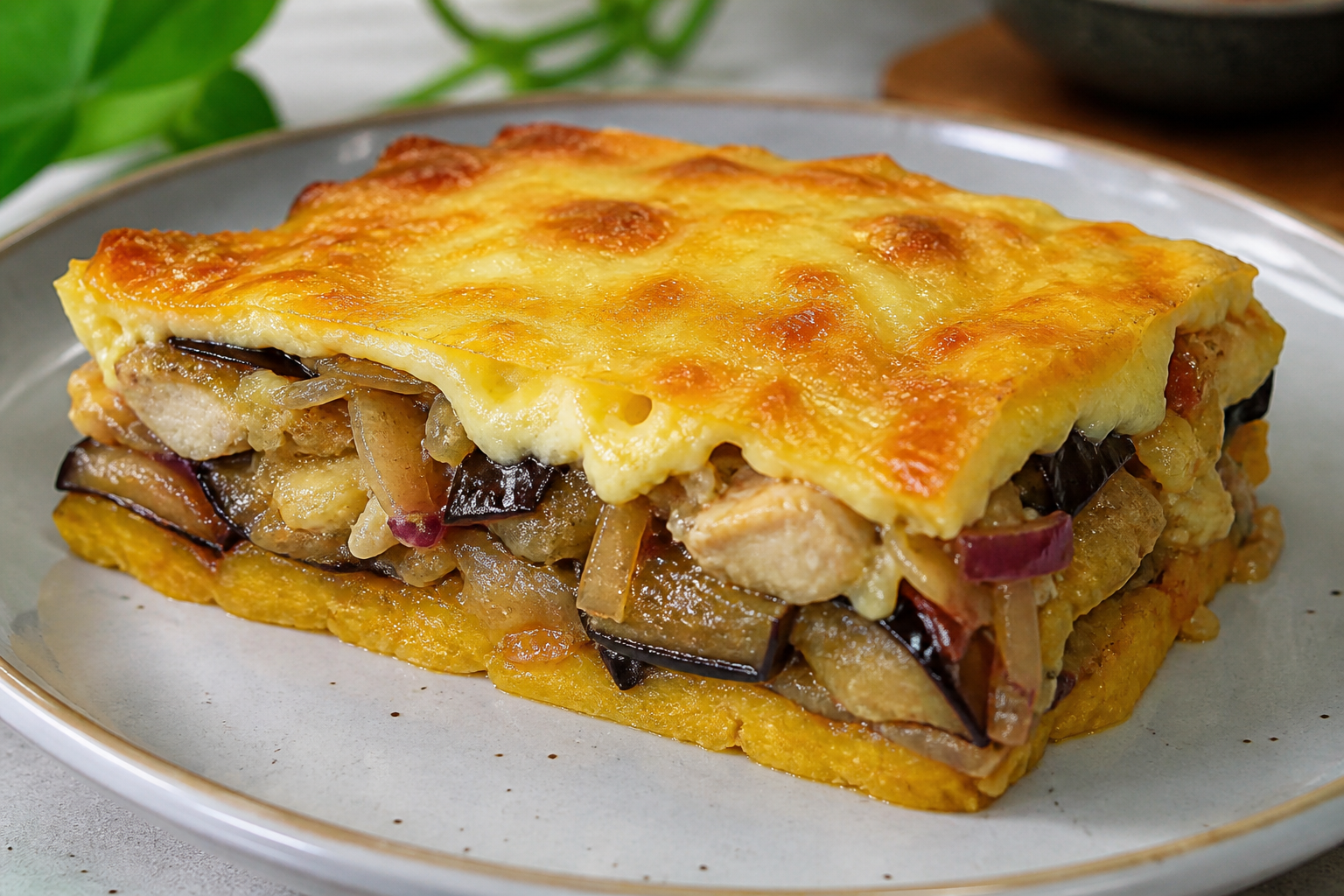 Pastelón Dominicano de Plátano Maduro con Bacalao Guisado, Berenjena Asada y Queso Suave