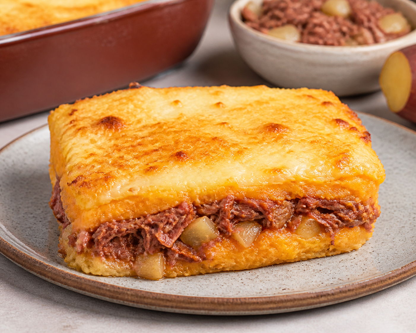 Brazilian Dried Beef Escondidinho with Sweet Potato Mash and Golden Minas Cheese