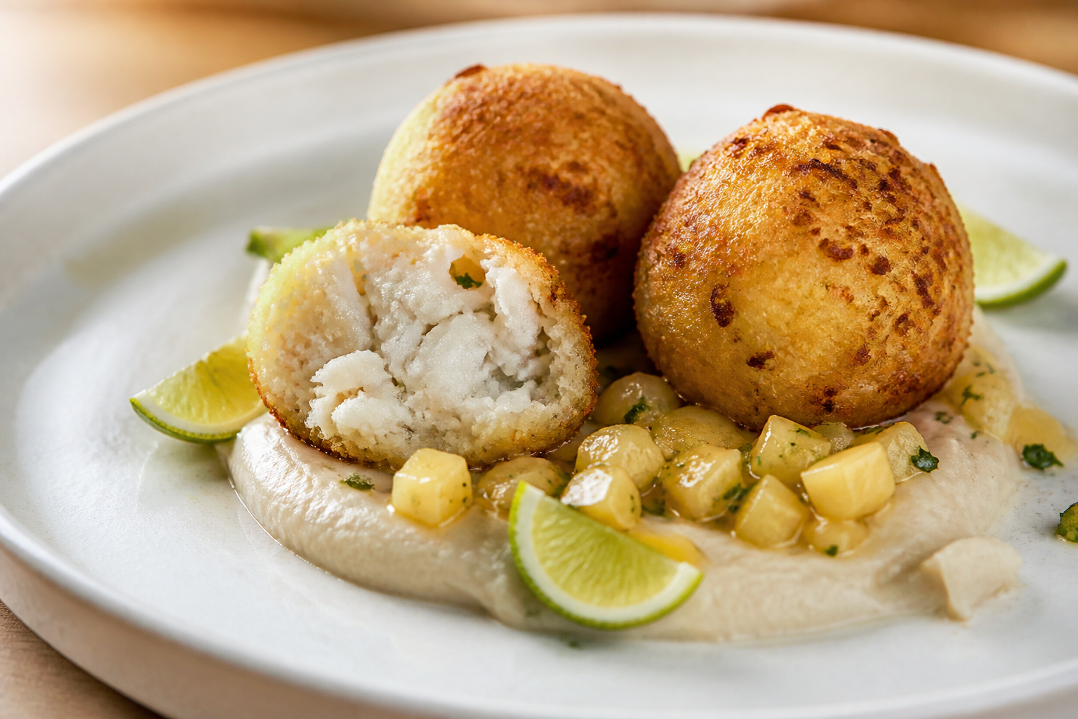 Brazilian Fish-Coconut Croquettes with Black-Eyed Pea Purée and Warm Pineapple Vinaigrette