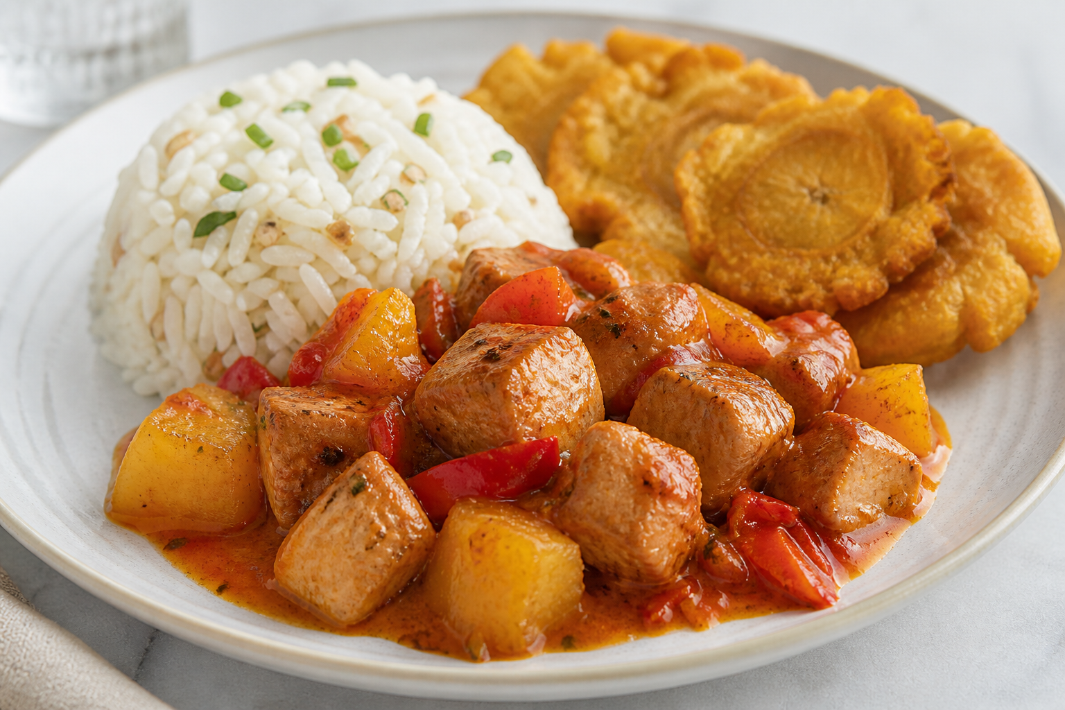 Cerdo Dominicano en Salsa de Piña Asada y Ajíes Dulces con Arroz de Coco Salado y Tostones de Yuca