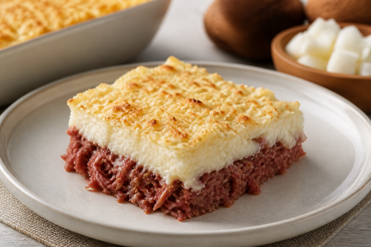 Escondidinho Brasileño de Carne Seca con Puré de Yuca al Coco y Costra de Queso Minas