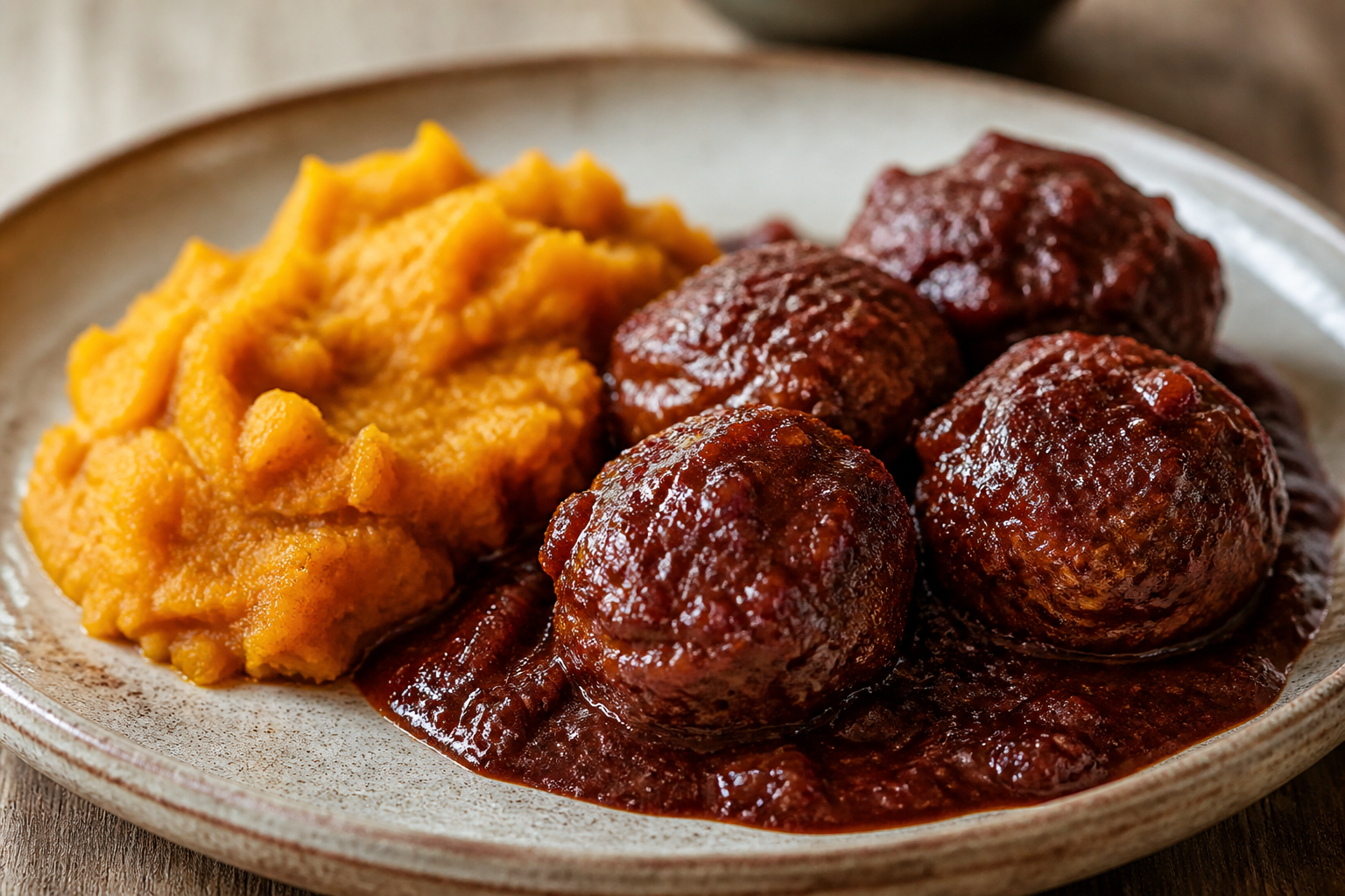 Albóndigas Chilenas de Cordero y Avena en Salsa de Vino Tinto con Puré Rústico de Zapallo