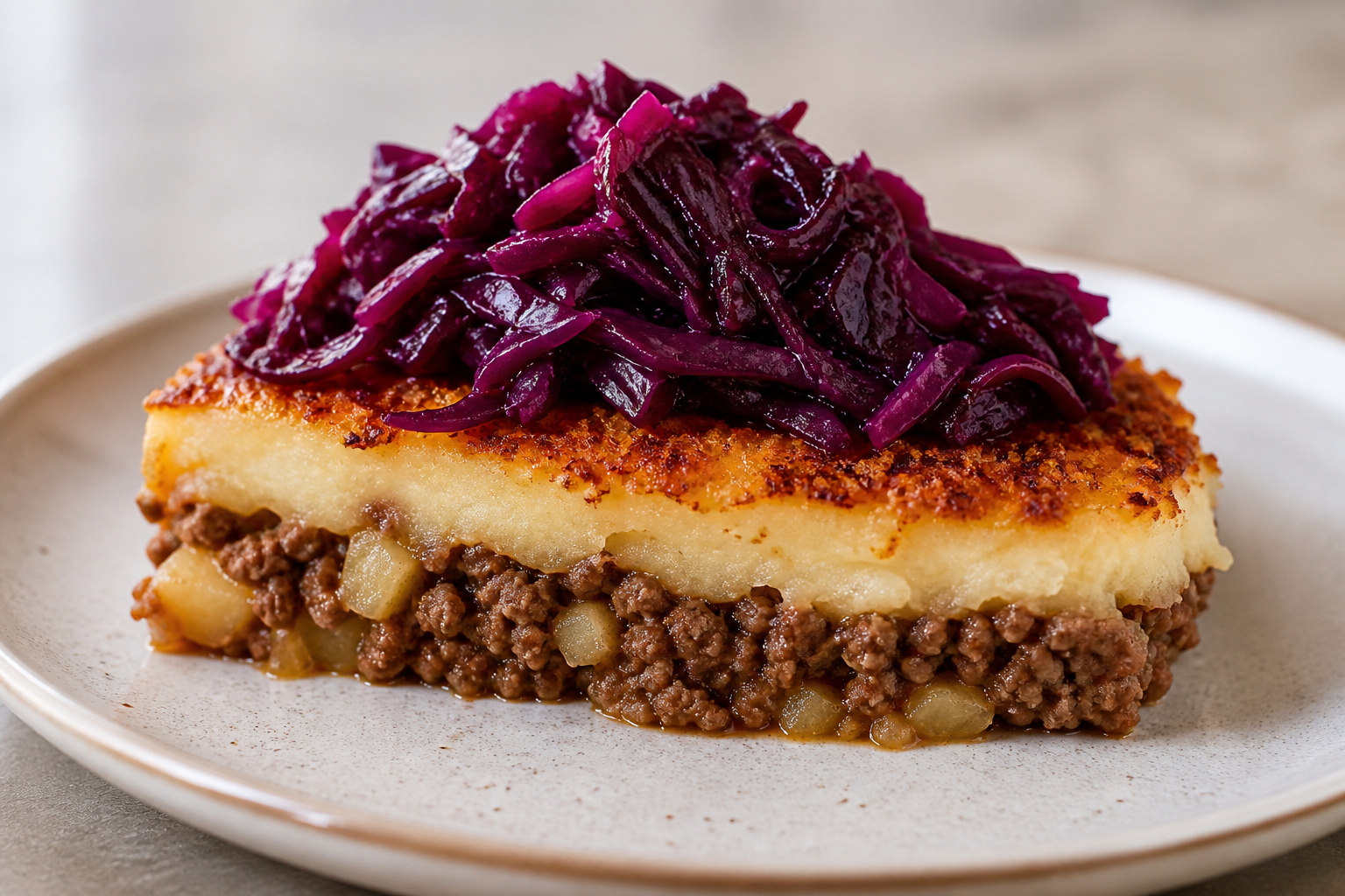 Rustic Potato Pie with Beef Filling, Red Cabbage and Merkén Chancaca Crust