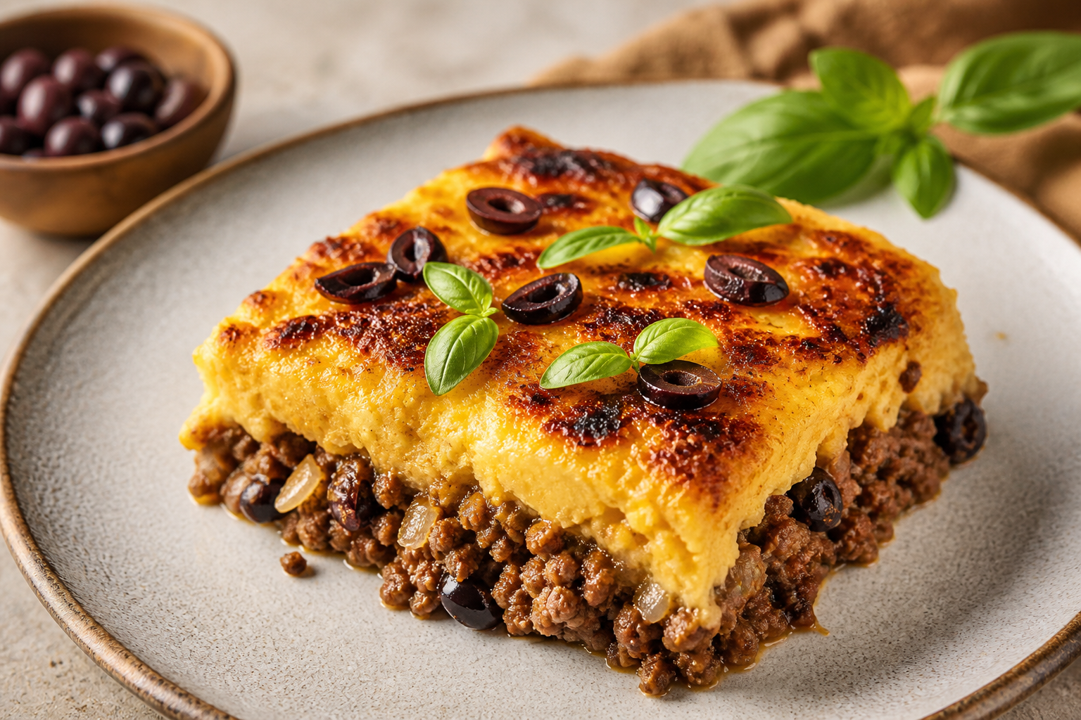 Pastel de Choclo Quemado con Pino de Cordero, Aceitunas Negras y Albahaca