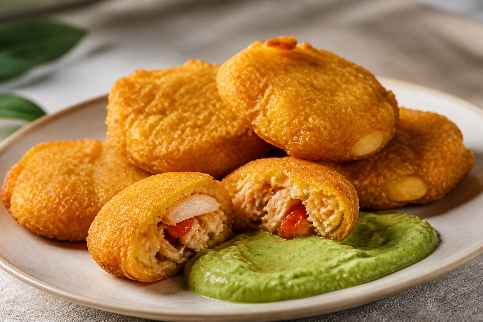 Bollitos Crujientes de Mapuey y Maíz con Relleno de Cazón al Ají Dulce y Mojo de Aguacate