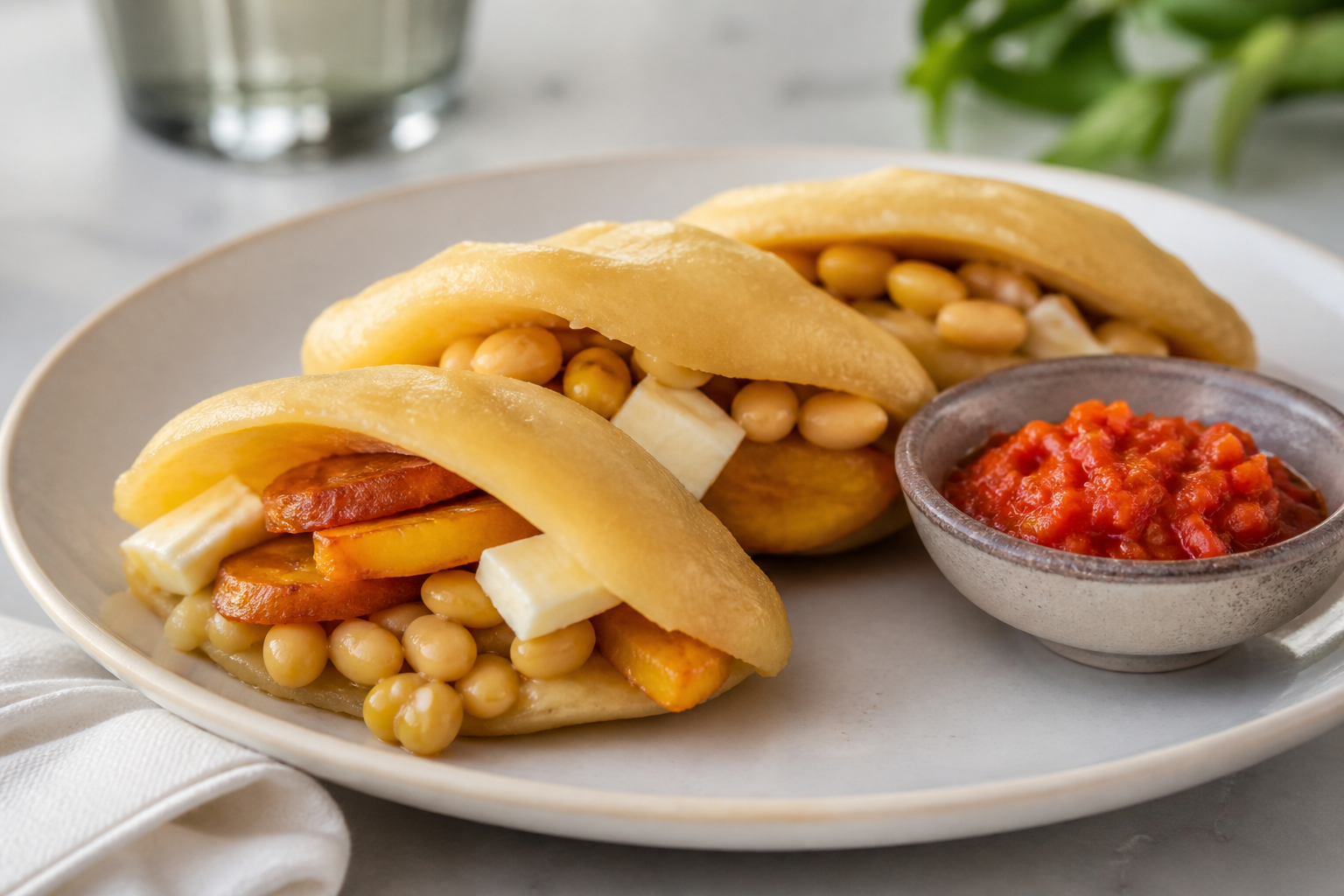 Bollitos de Arepa Rellena con Caraotas Rubias, Plátano Dorado y Queso de Mano al Ají Dulce
