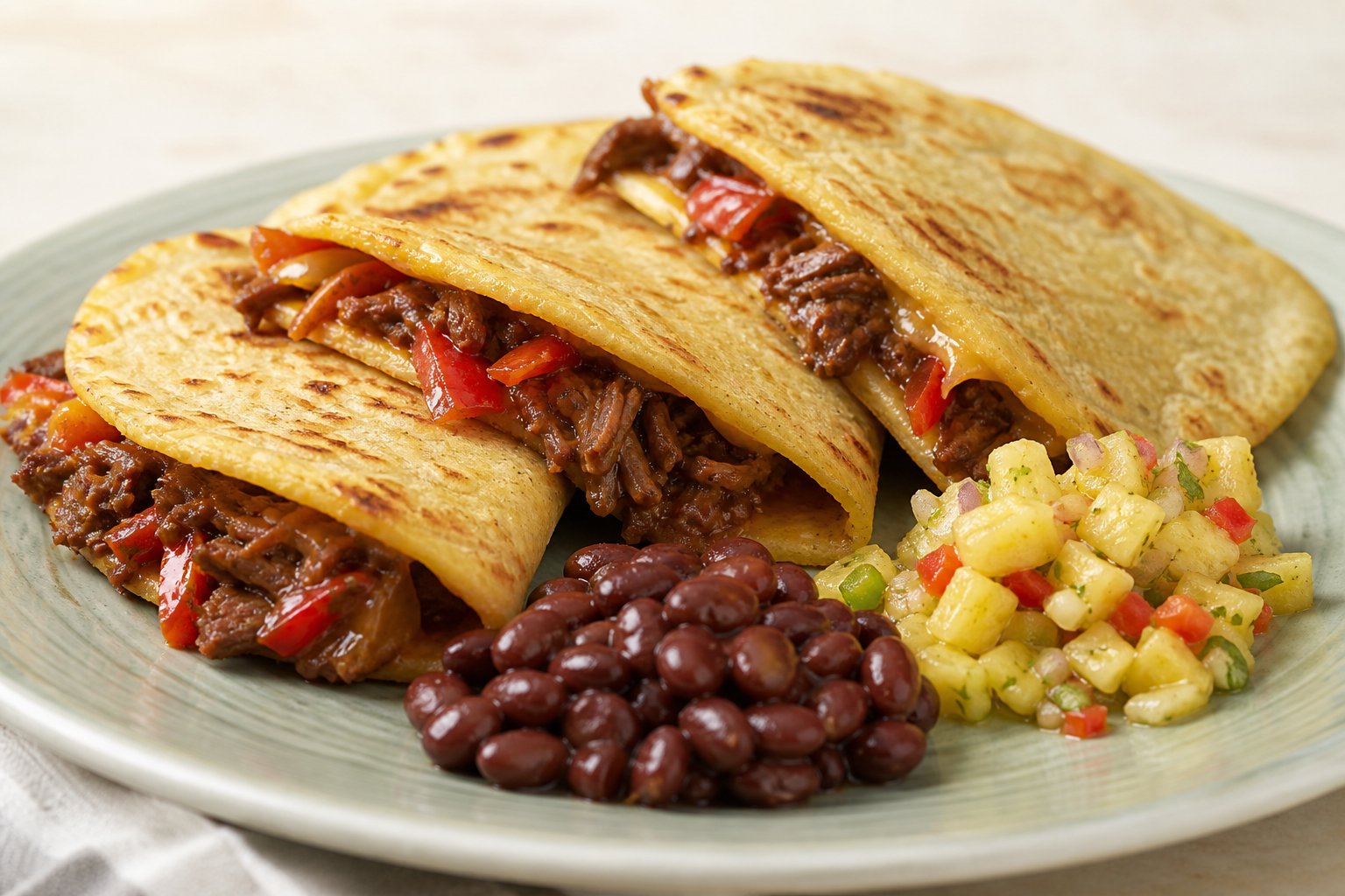 Quesadillas Criollas de Casabe con Carne de Res al Papelón, Caraotas Pintas y Pico de Piña Verde