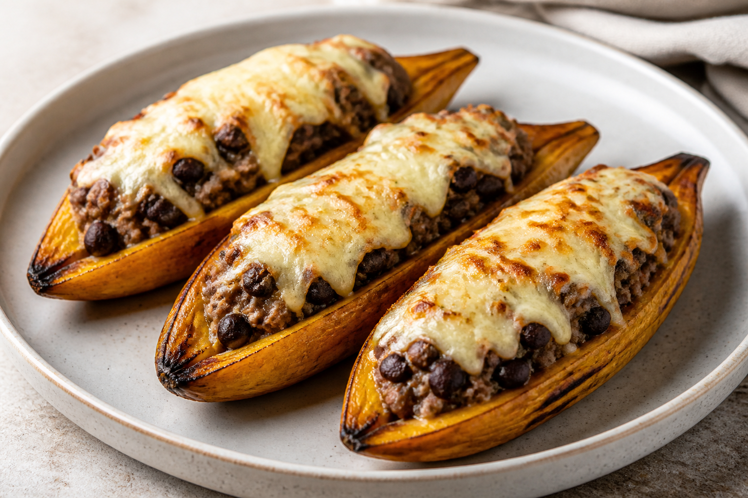 Canoitas de Plátano con Carne Especiada, Caraotas Negras Cremosas y Queso Llanero Gratinado