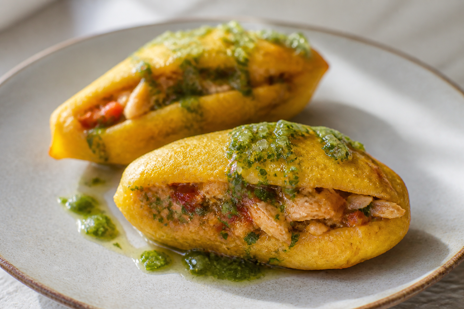 Baked Mapuey and Corn Cakes Stuffed with Ají Dulce Shark and Lime Mojo