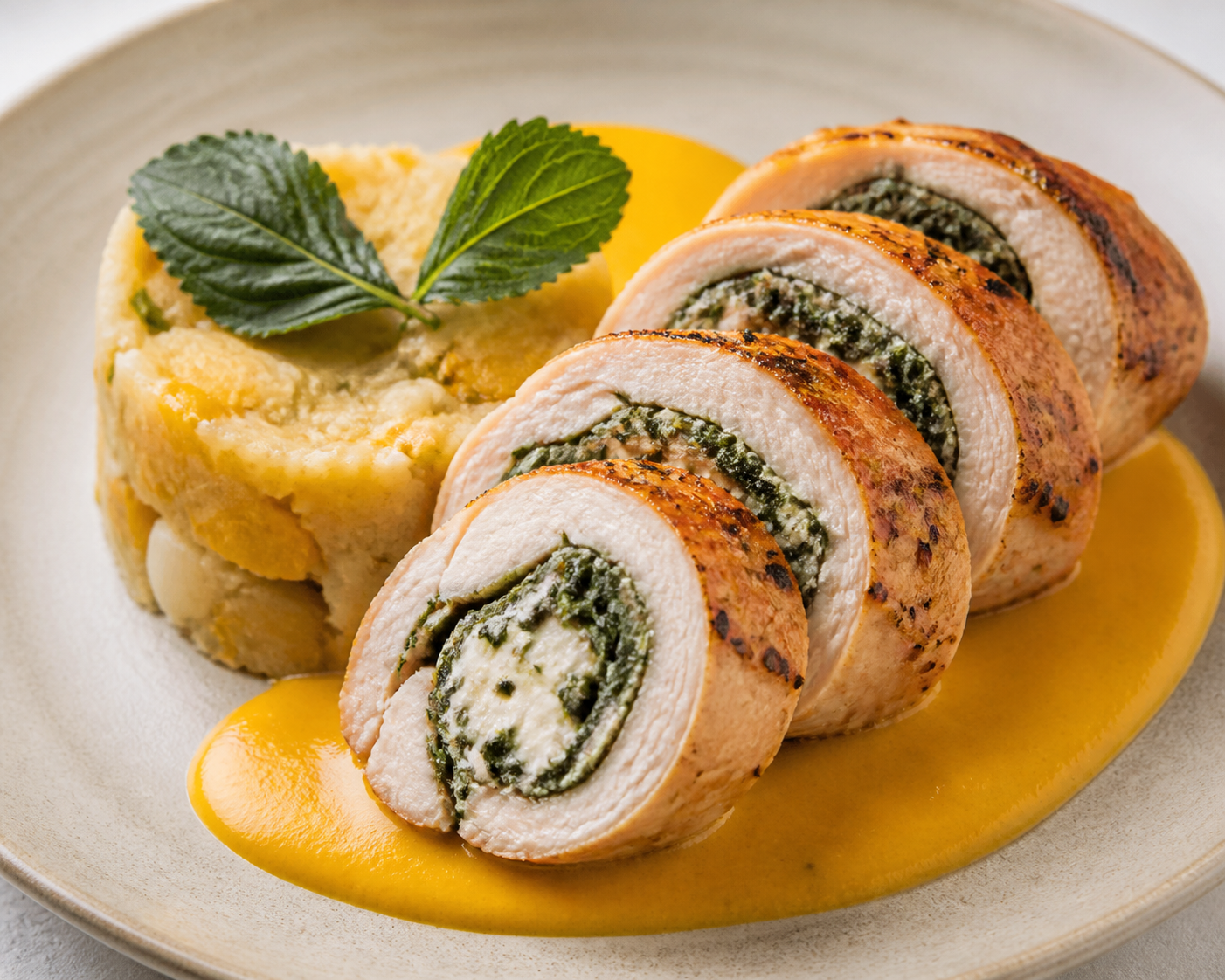 Huacatay Rolled Chicken with Warm Aji Amarillo Sauce and Rustic Corn-Yuca Mash