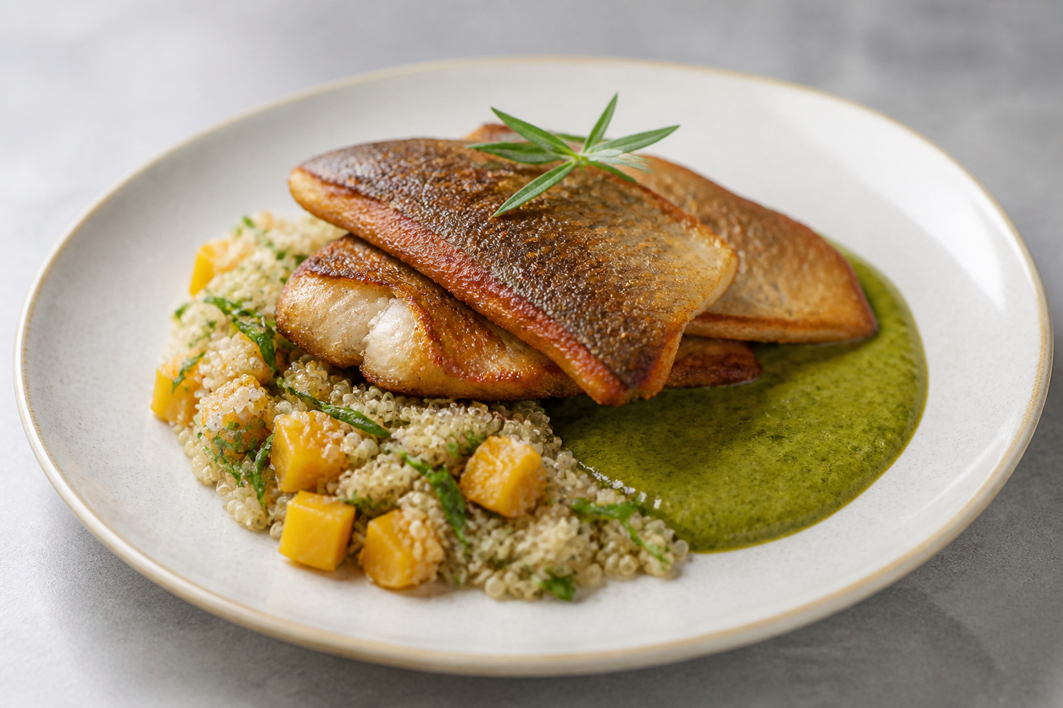 Crispy Trout with Huacatay-Loche Sauce and Chorrillana Quinoa