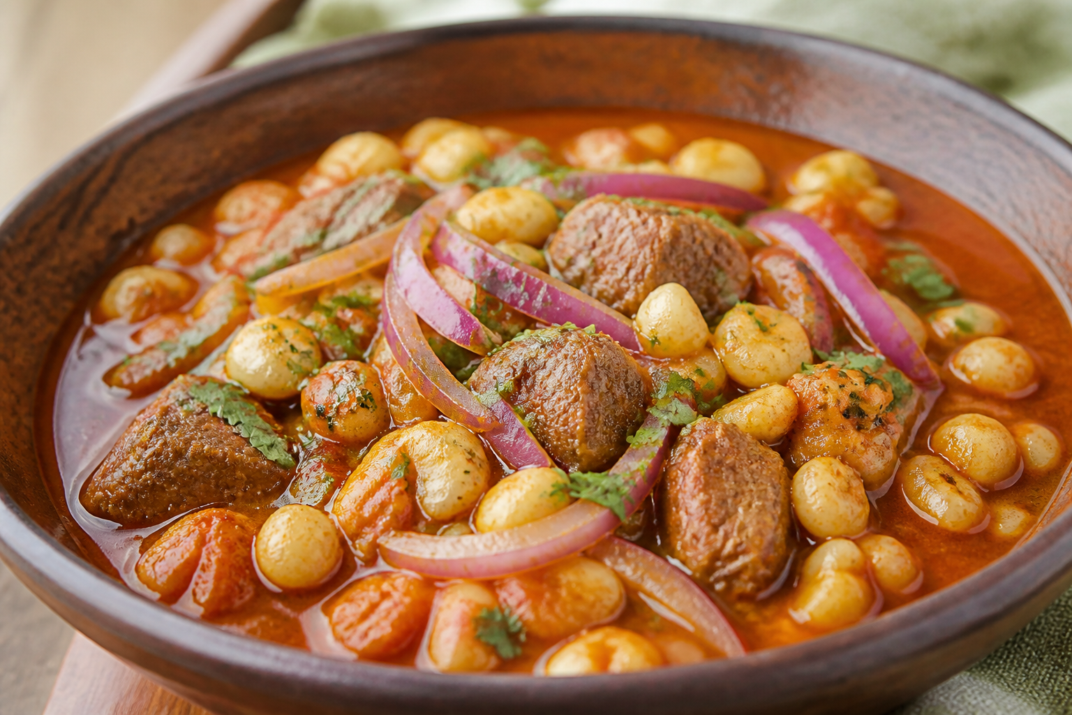 Peruvian Beef and Hominy Stew with Ají Panca and Herbs