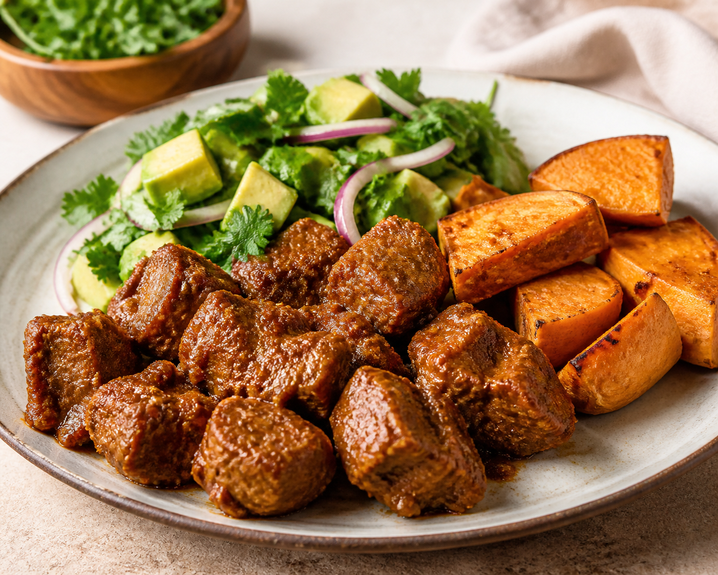 Mild Peruvian Pork Adobo with Roasted Sweet Potato and Cilantro Avocado Salad