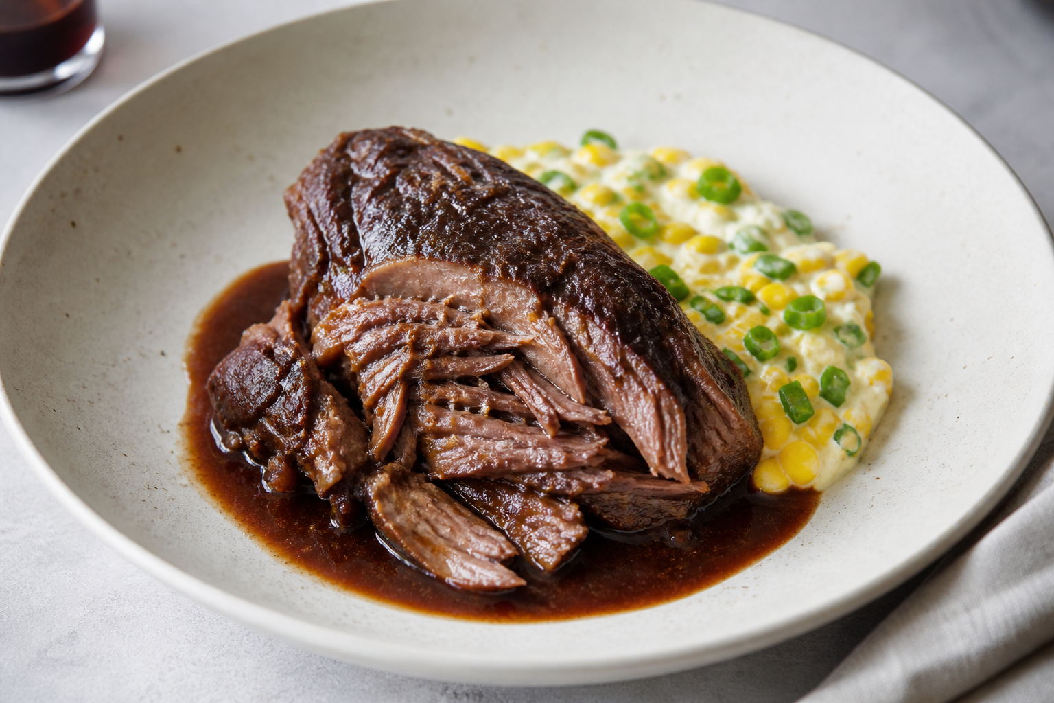 Malbec-Braised Pork Shoulder with Creamy Corn and Scallion Stew
