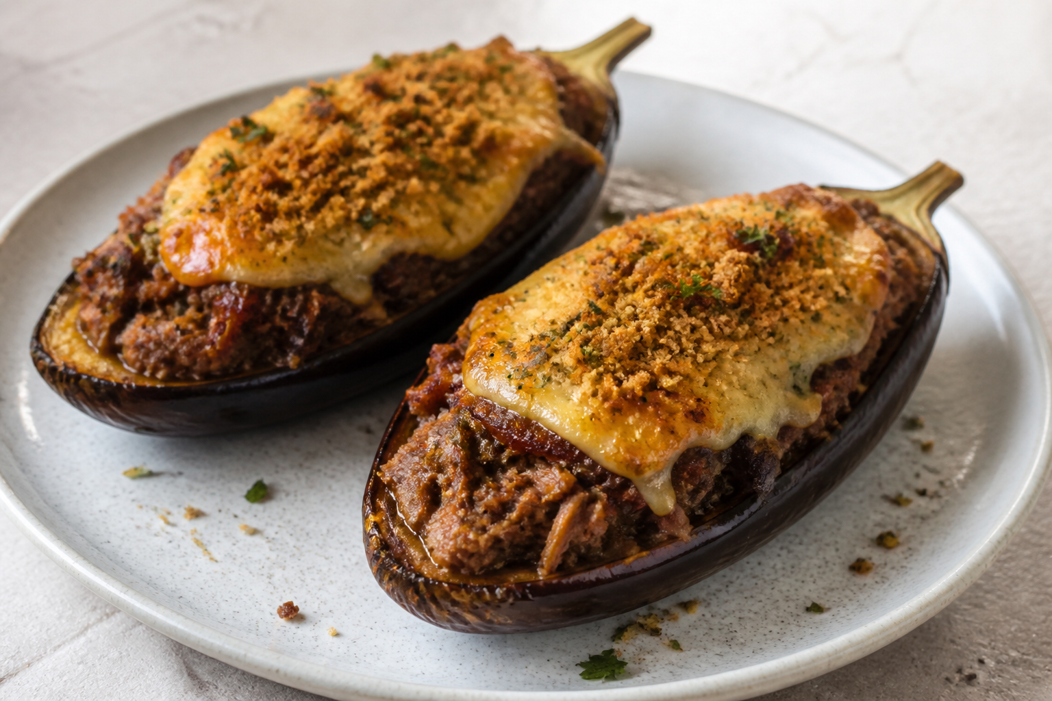 Berenjenas Rellenas de Bondiola al Malbec con Costra de Provoleta y Migas de Hierbas