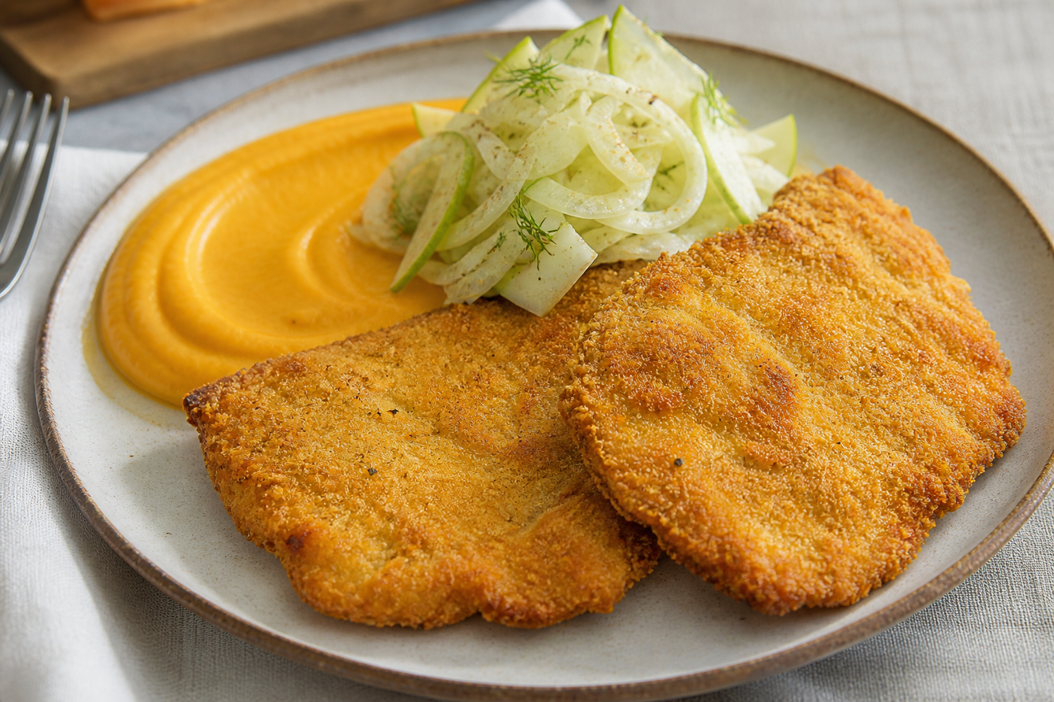 Pampas Pork Milanesa with Corn Crust, Warm Kabocha Squash Cream, and Fennel Apple Salad