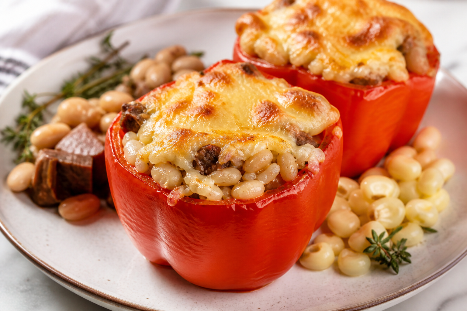 Bell peppers stuffed with mild locro-style stew, rice, and Sardo cheese gratin