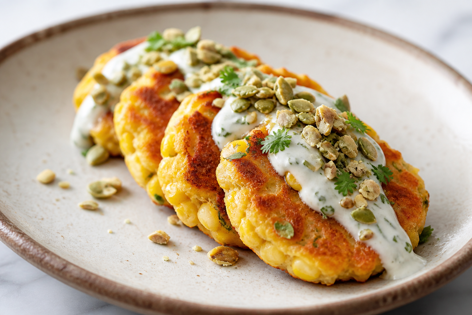 Salvadoran corn and tender squash fritters with cilantro cream and pumpkin seed crumble