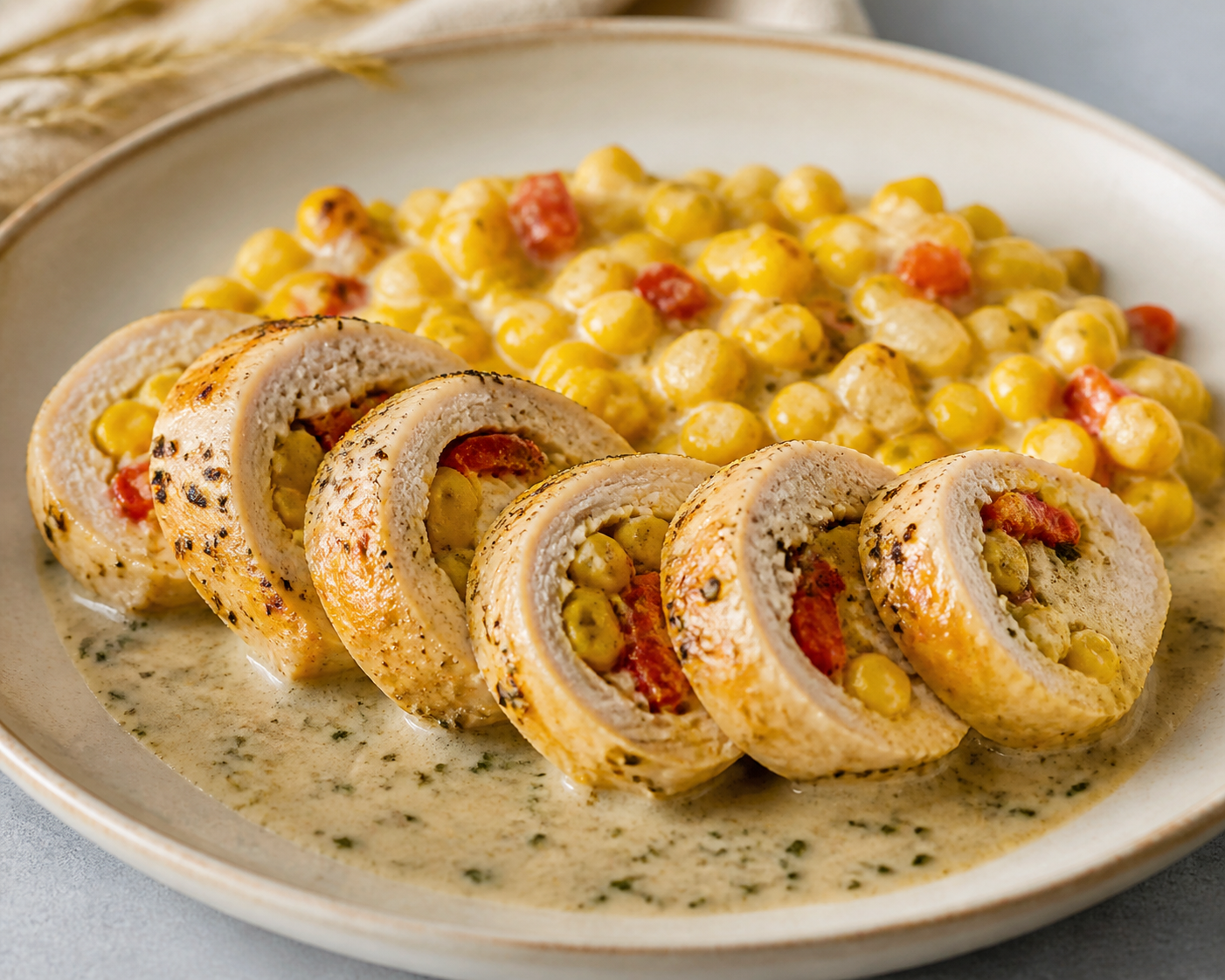 Pampas Chicken Roulade with Creamy Corn, Roasted Red Pepper and Mild Herb Sauce