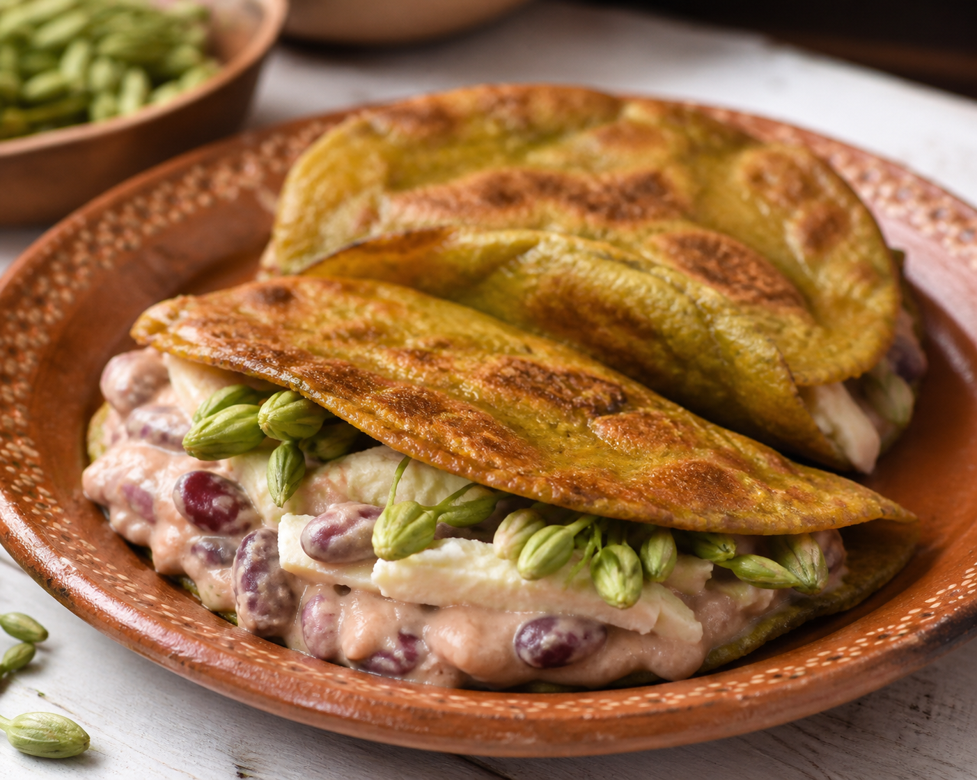 Golden Green Plantain Wraps with Cheese and Red Bean Loroco Cream