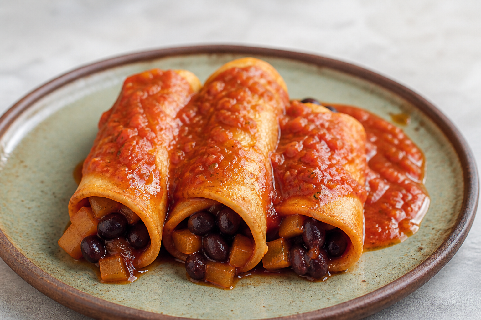 Salvadoran corn rolls with seasoned squash, black beans, and roasted tomato alguashte sauce