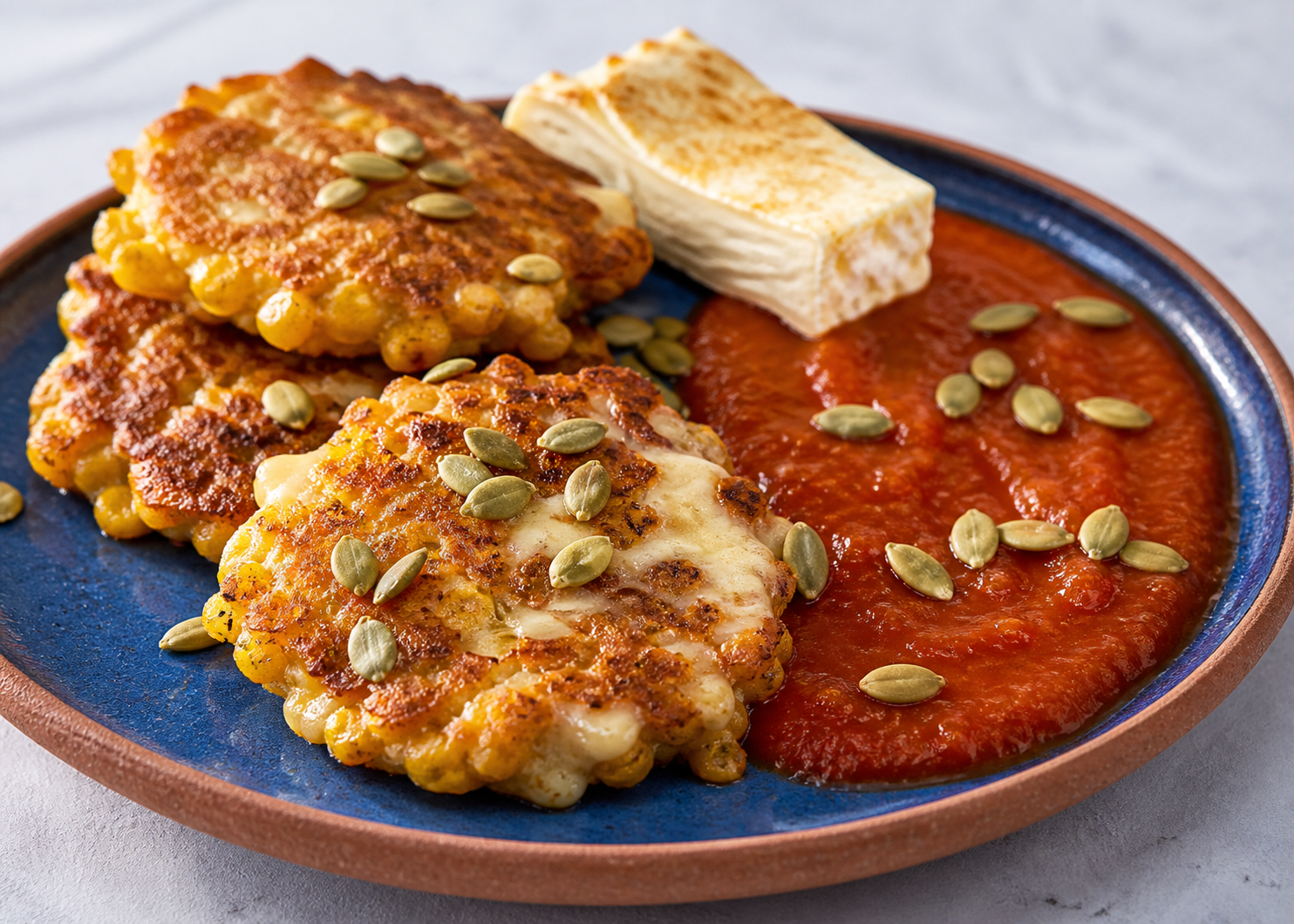 Salvadoran sweet corn and squash fritters with quesillo, roasted tomato sauce, and pumpkin seeds