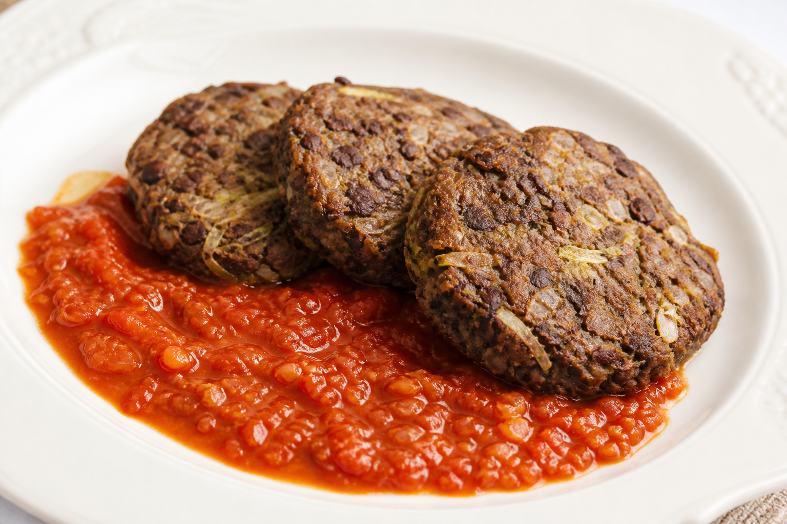 Salvadoran red bean and tender squash cakes with alguashte tomato sauce