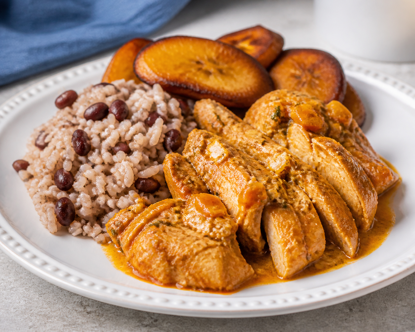 Cuban Chicken with Achiote-Lime Sofrito, Red Bean Rice, and Roasted Sweet Plantain