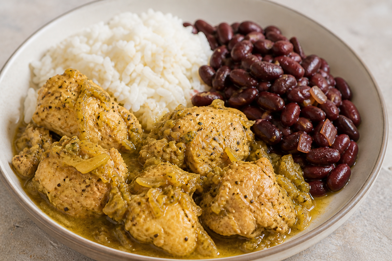 Cuban Chicken in Green Mango Sofrito with Coconut Rice and Red Beans
