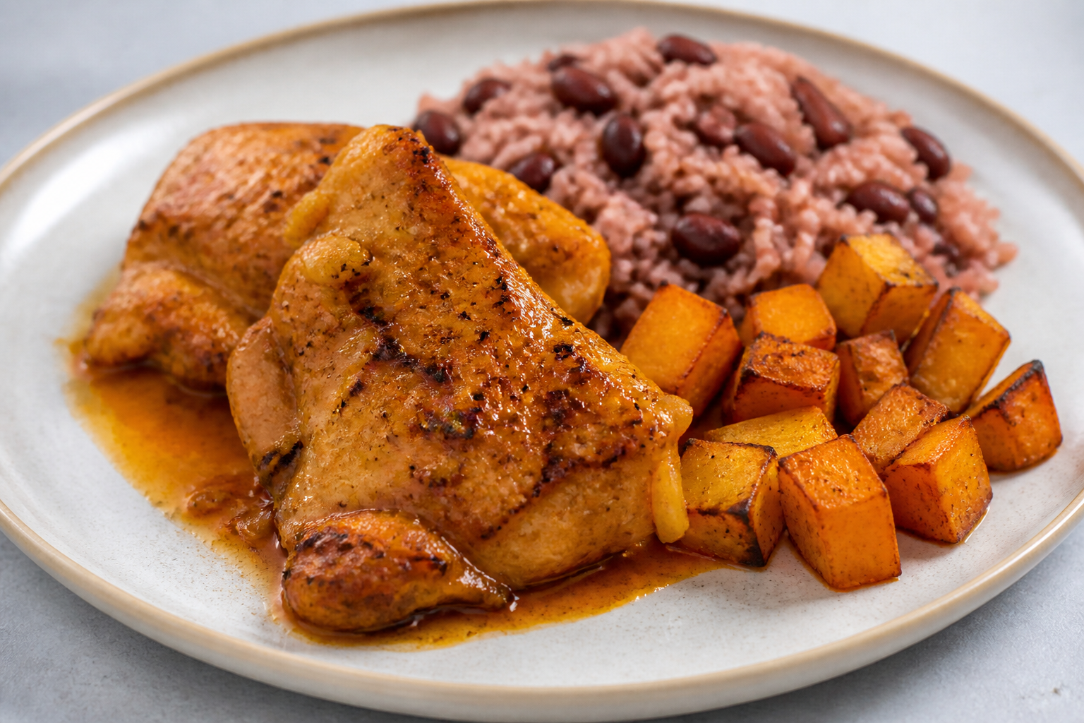 Cuban Chicken in Annatto-Lime Sofrito with Red Bean Rice and Roasted Squash