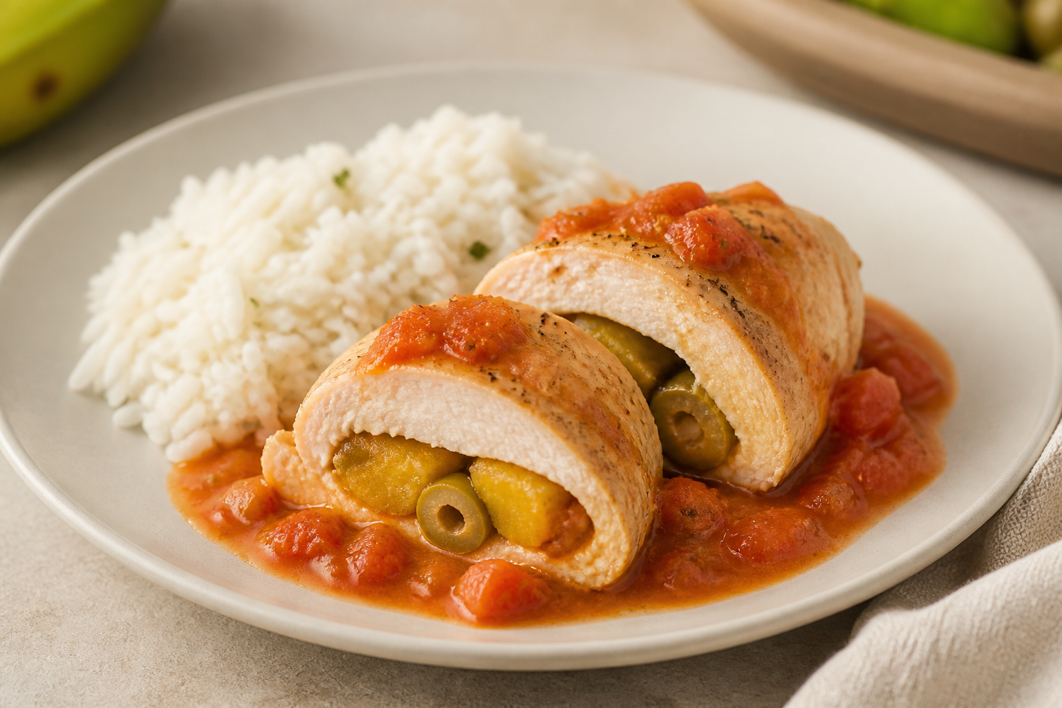 Pechuga de Pollo Cubana Rellena de Plátano Maduro y Aceitunas con Salsa Suave de Tomate y Arroz de Ajo