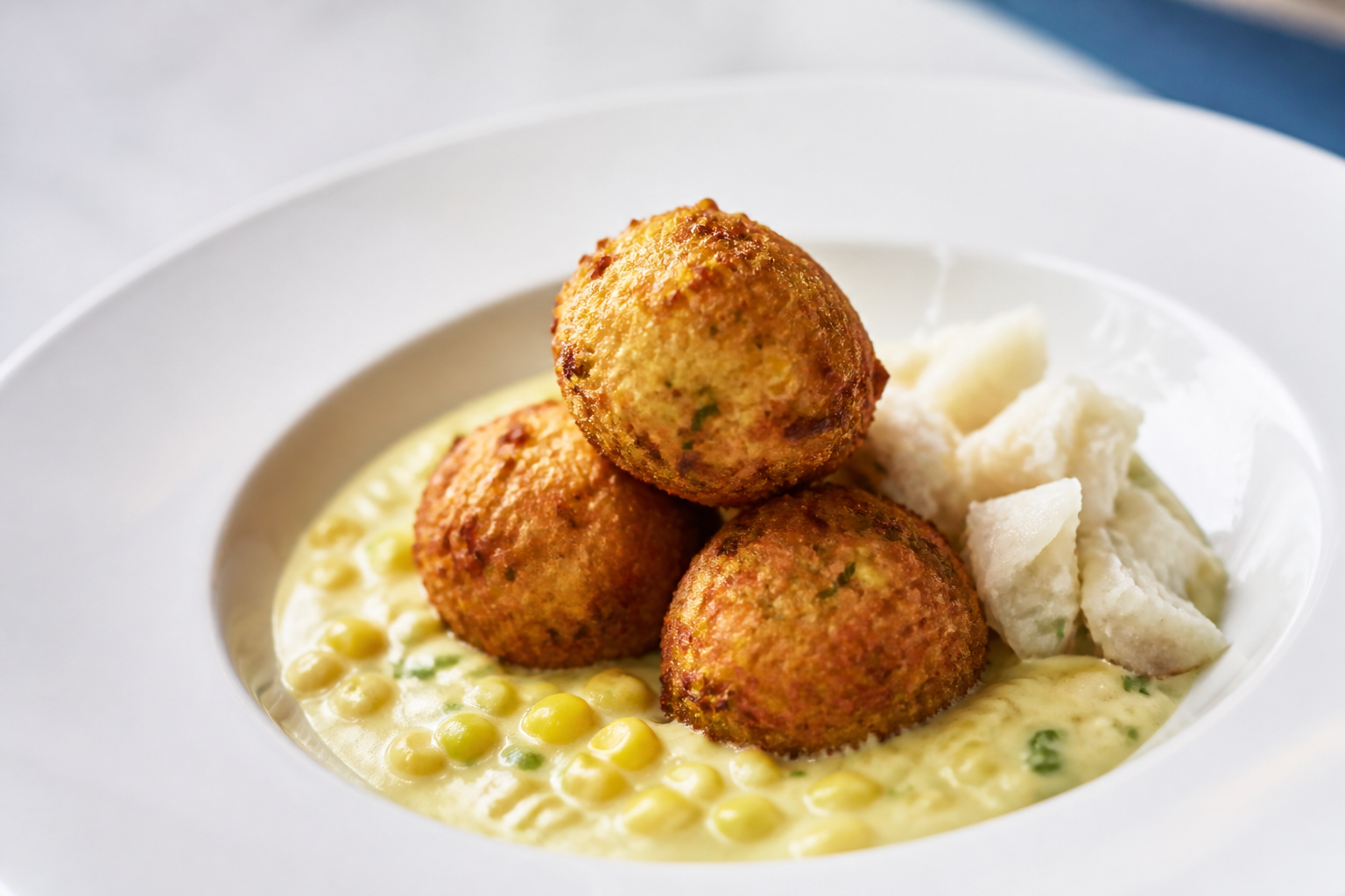 Torrejitas de pana y bacalao con crema tibia de maíz al recao