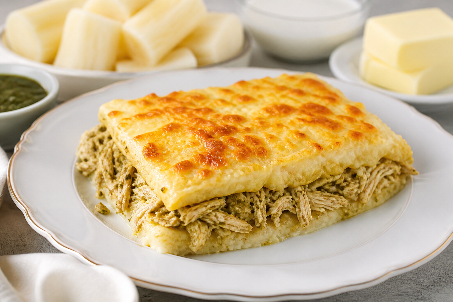 Puerto Rican Yuca Pastelón with Recao Braised Chicken and Golden Cheese Topping