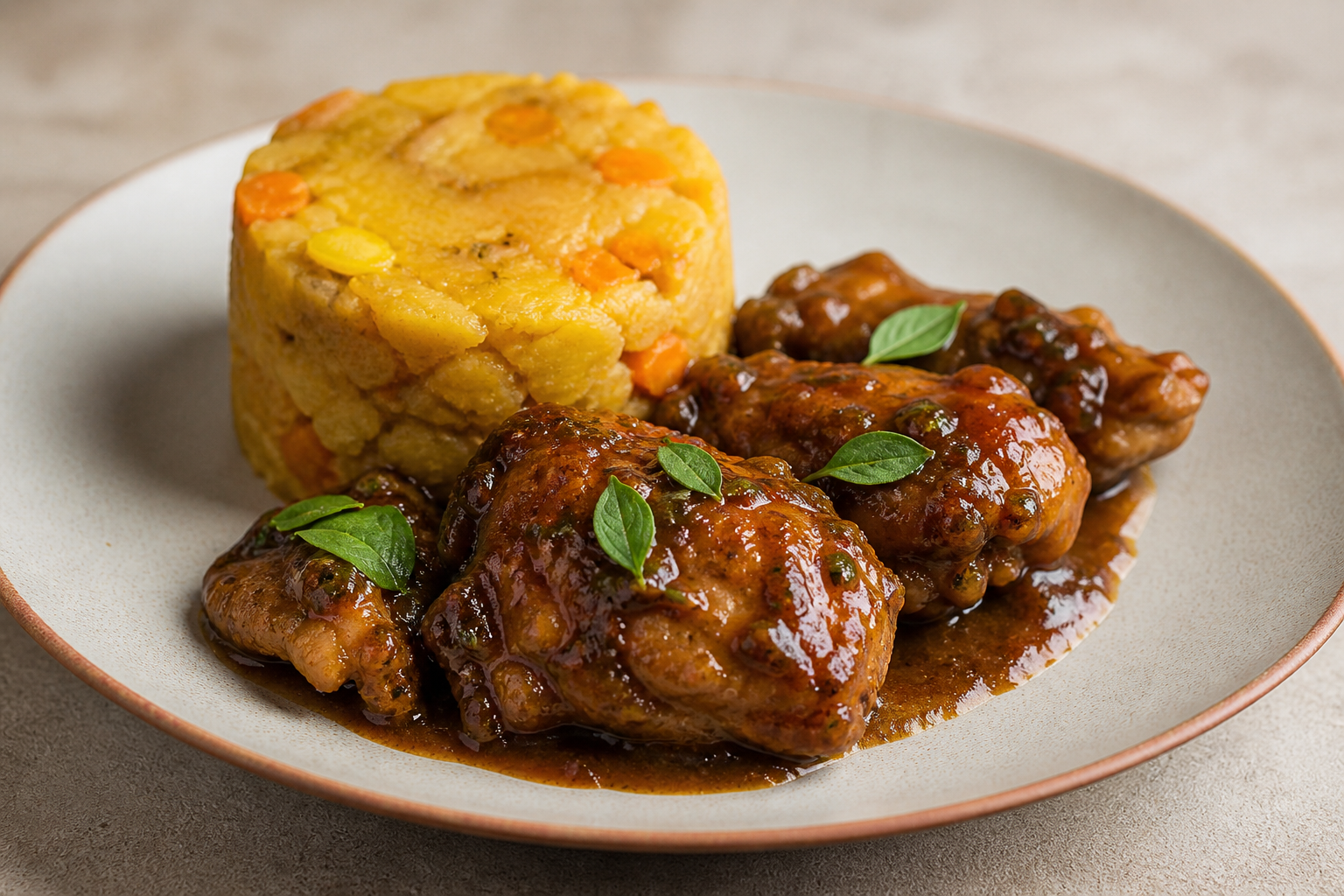 Muslos de Pollo en Salsa de Tamarindo y Recao con Trifongo Suave de Yuca, Plátano y Batata